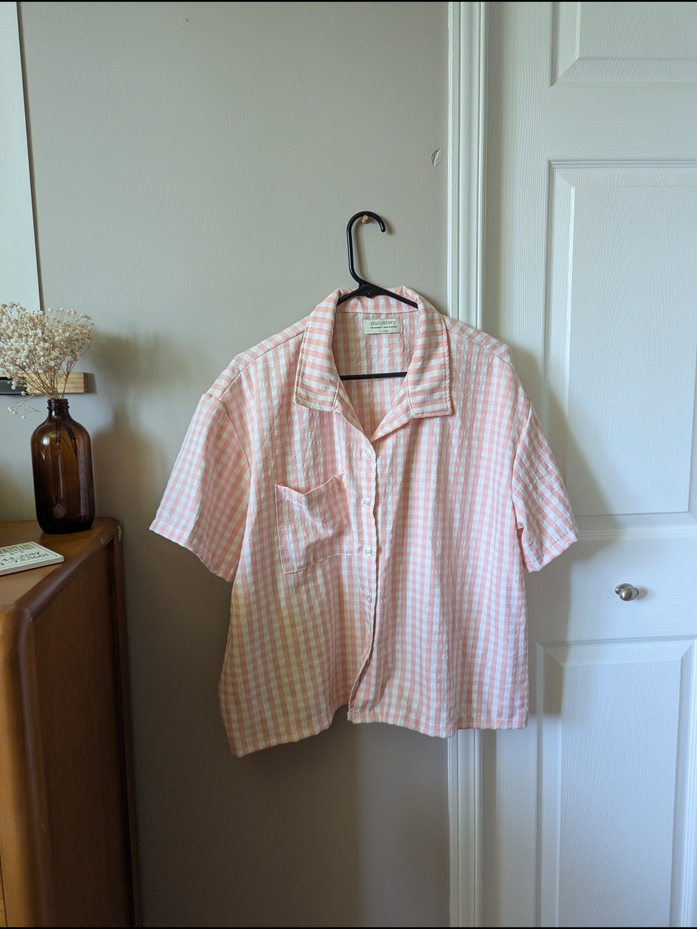 Pink Gingham Button-Front Blouse - Lightweight Short Sleeve